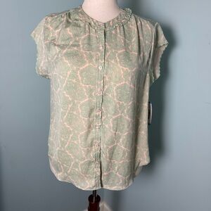 Joie Short Sleeved Scalloped Edge Top, Size L, Cream, Green, Pink
